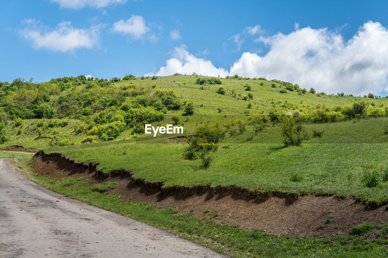 Scenic view of road amidst field against sky