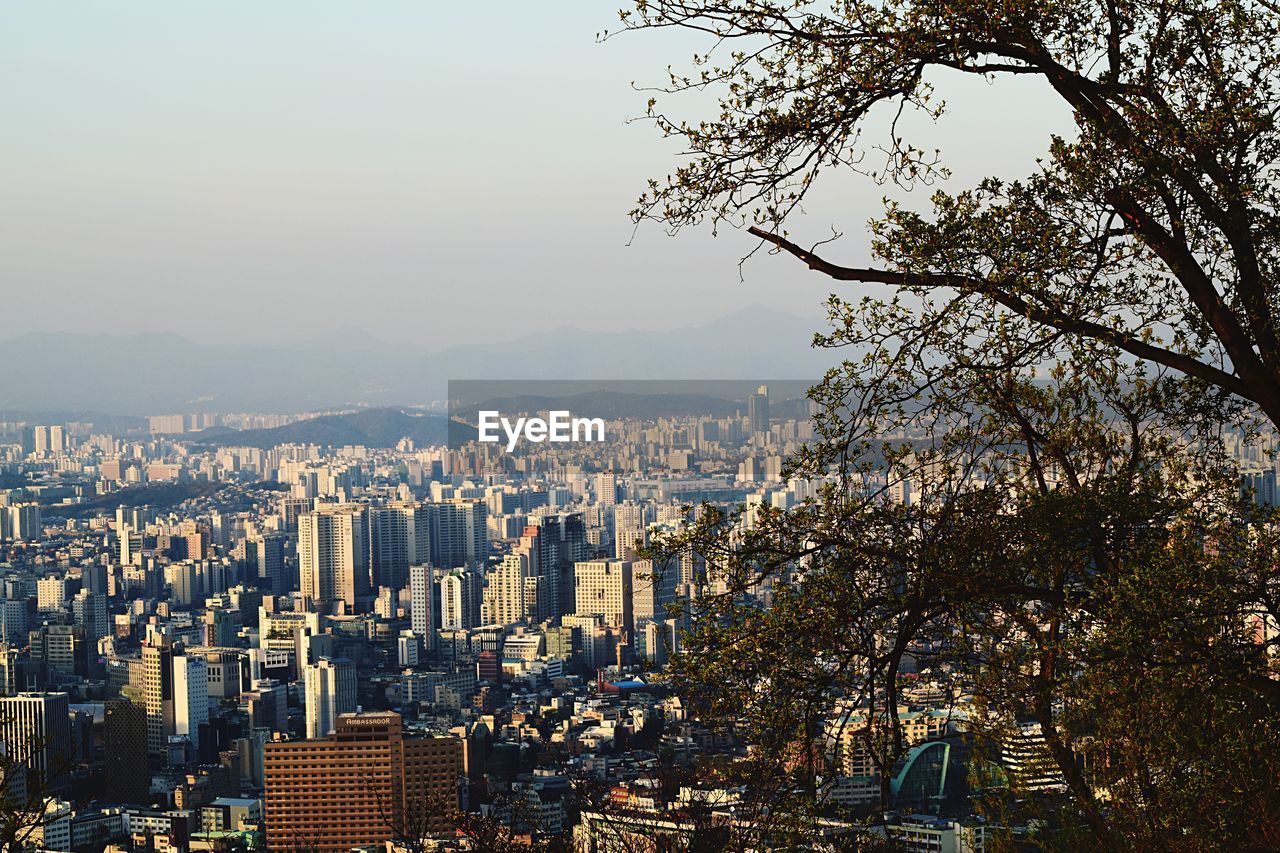 Aerial view of buildings in city against sky