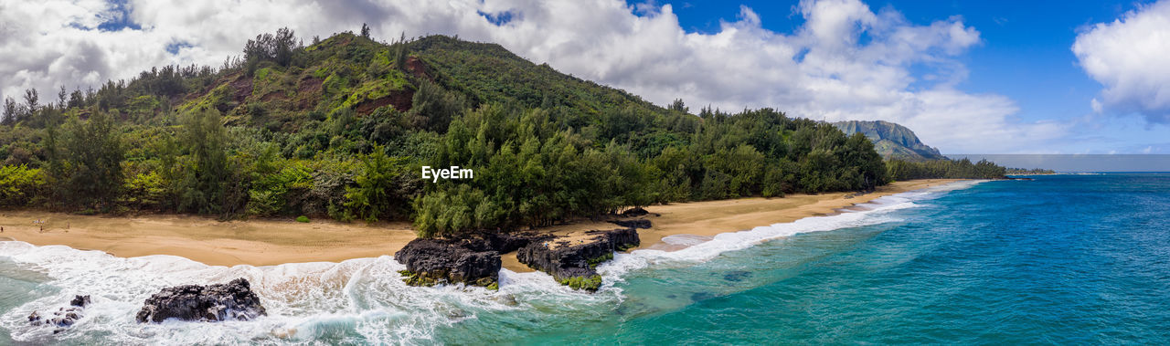 Aerial panoramic image off the coast over lumaha'i beach on hawaiian island of kauai 