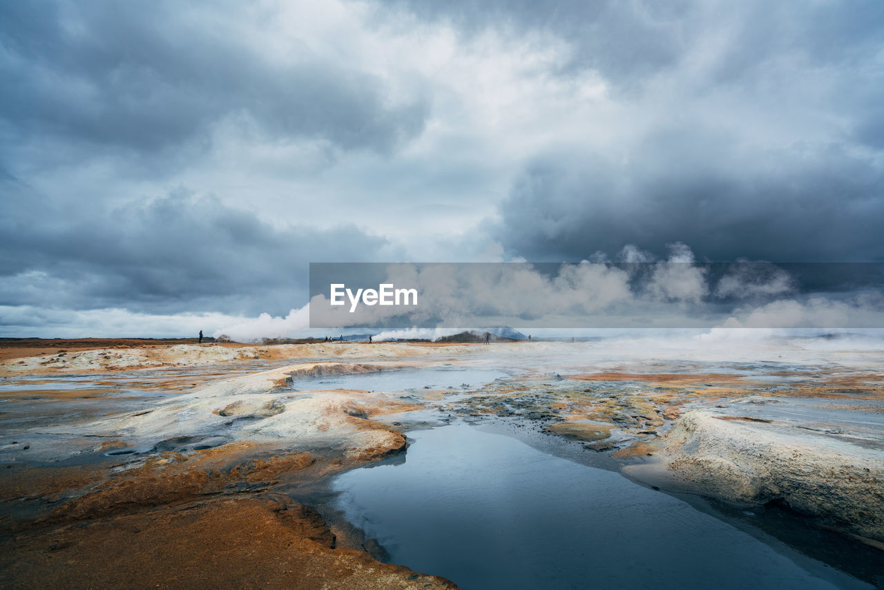 Scenic view of volcanic water against cloudy sky