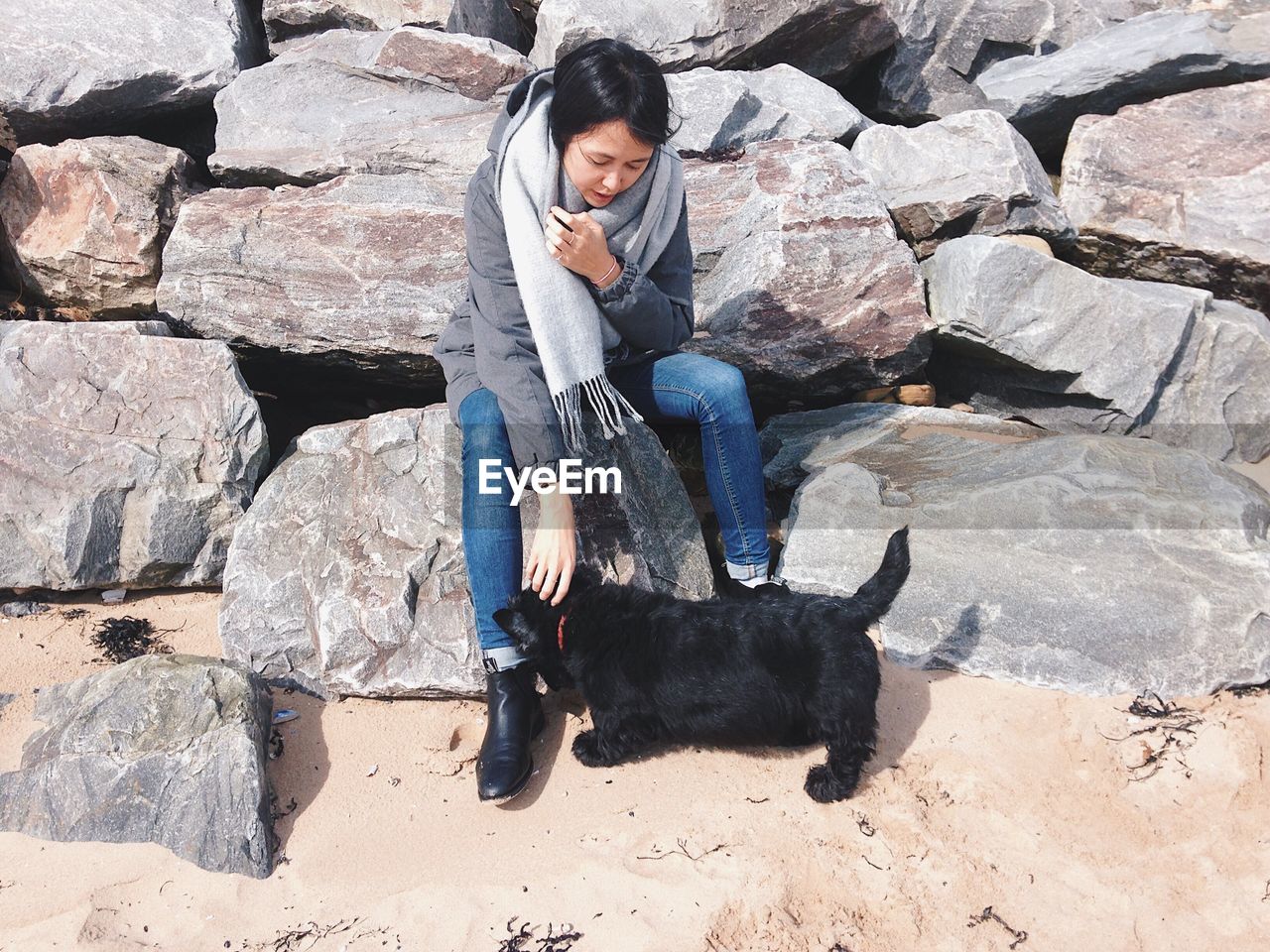 High angle view of woman with dog at beach