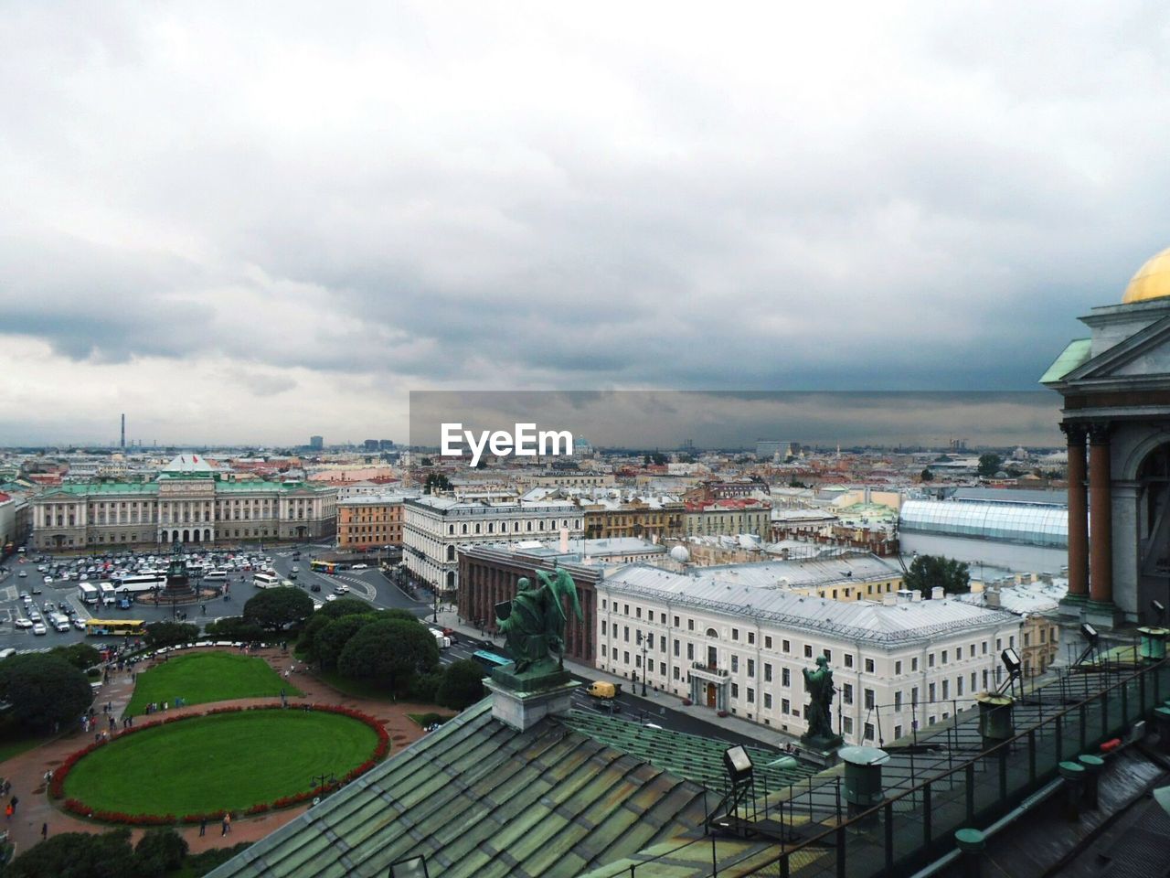 HIGH ANGLE VIEW OF CITY AGAINST CLOUDY SKY