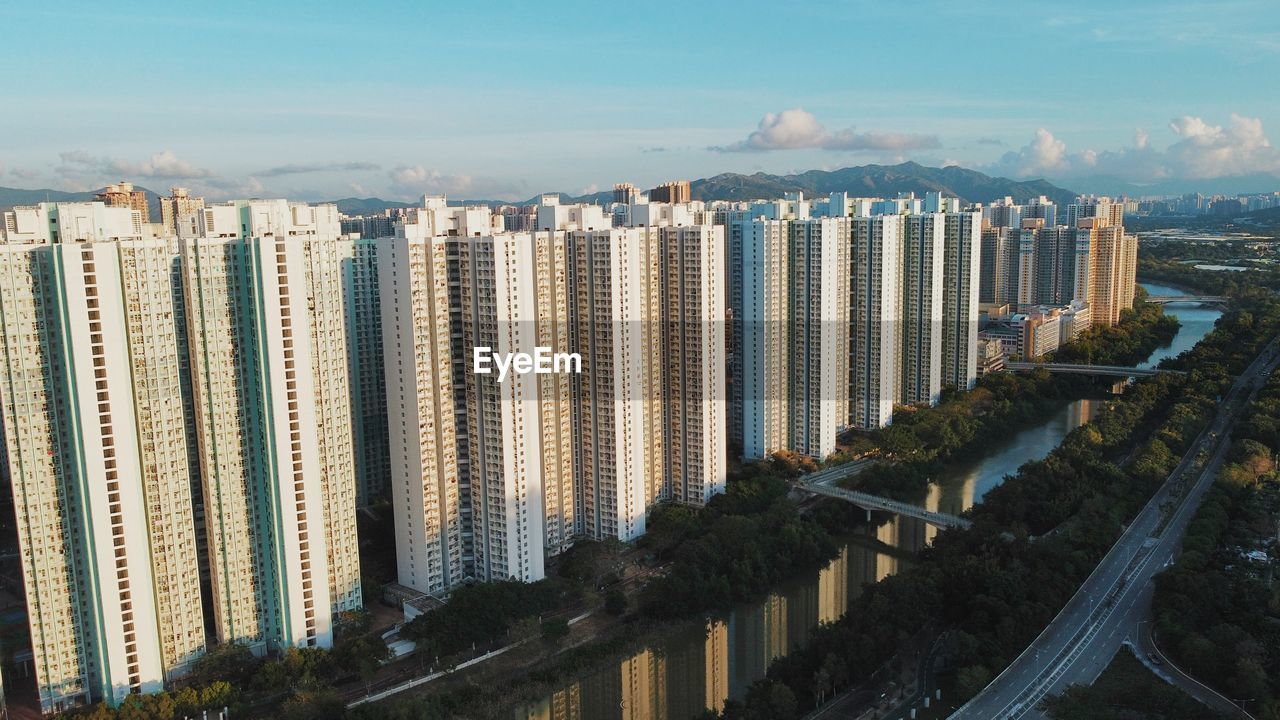 High angle view of buildings against sky