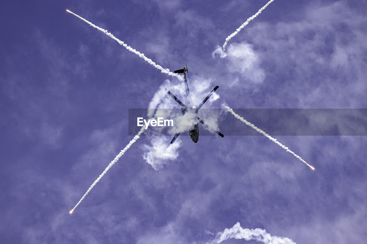 cloud, airplane, air vehicle, flying, air show, sky, vapor trail, transportation, mode of transportation, on the move, vehicle, smoke, low angle view, nature, aviation, fighter plane, motion, aircraft, plane, mid-air, military airplane, wing, speed, no people, teamwork, military, day, cooperation, aerobatics, outdoors, travel, air force