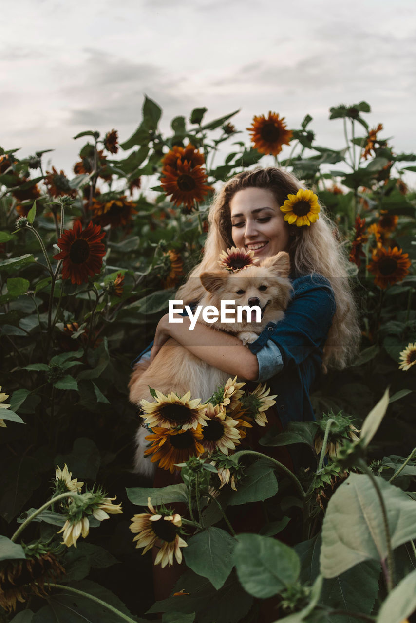 Woman carrying dog while standing amidst sunflowers