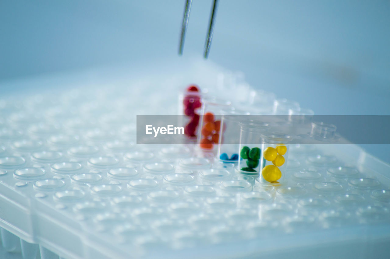 science, research, healthcare and medicine, indoors, no people, close-up, selective focus, macro photography, scientific experiment, technology, studio shot, toy, white, biochemistry, medicine, blue