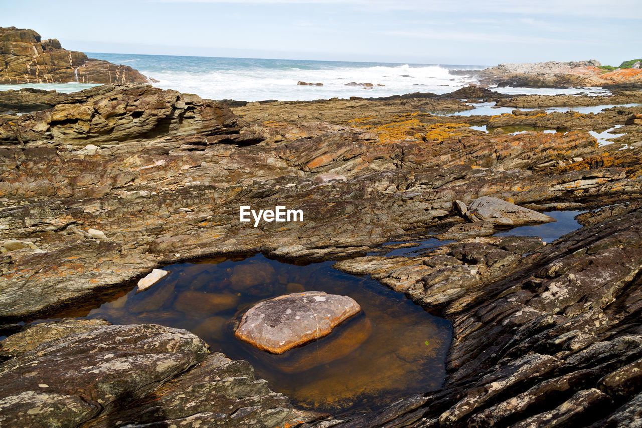 SCENIC VIEW OF ROCKS ON SHORE AGAINST SKY