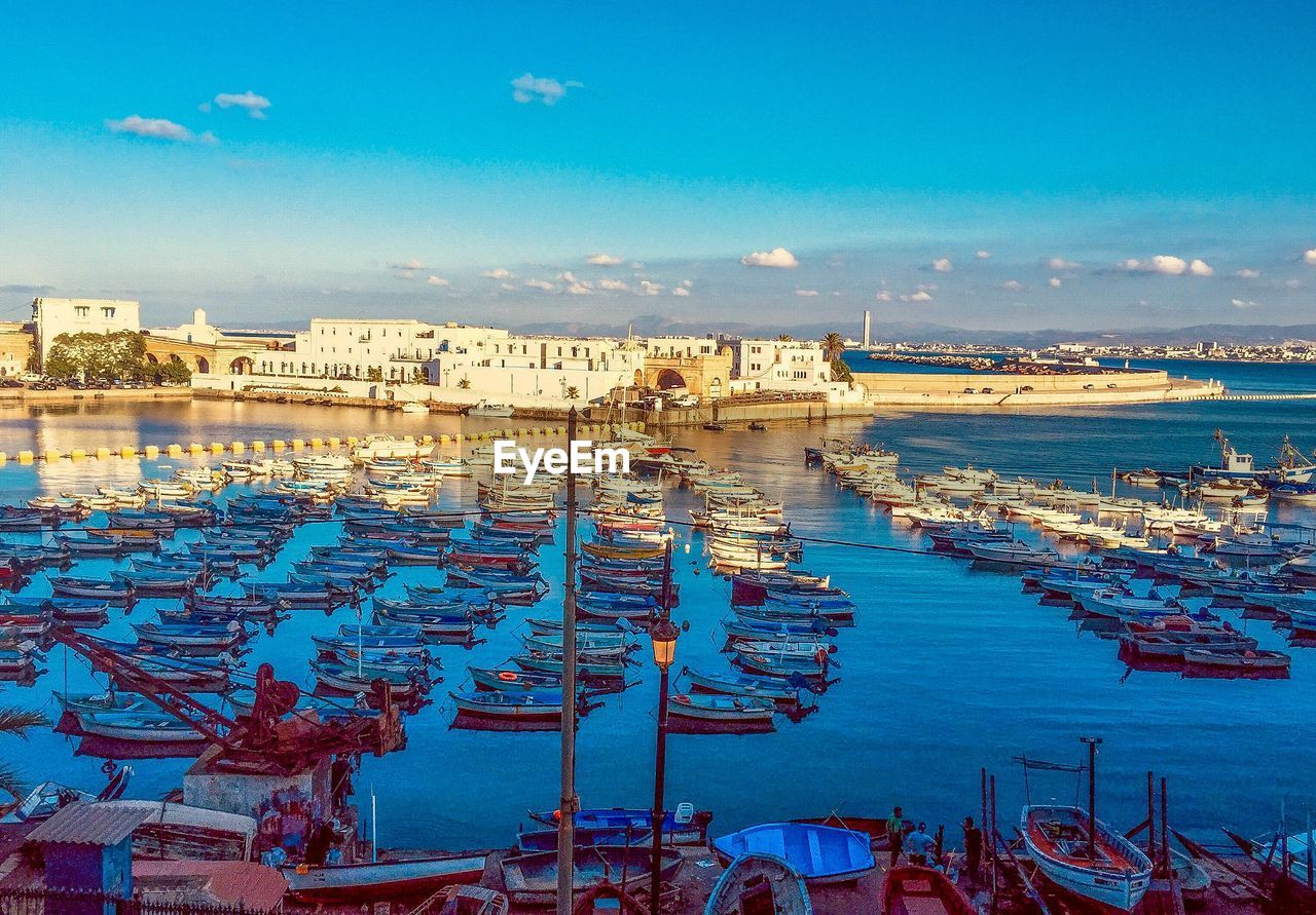 High angle view of marina at harbor