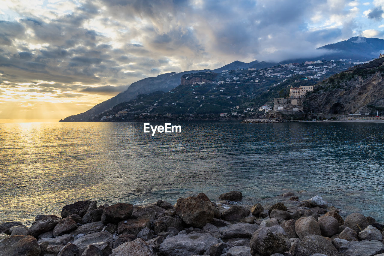 Sunset in maiori, a a popular resort town on the amalfi coast, campania, italy