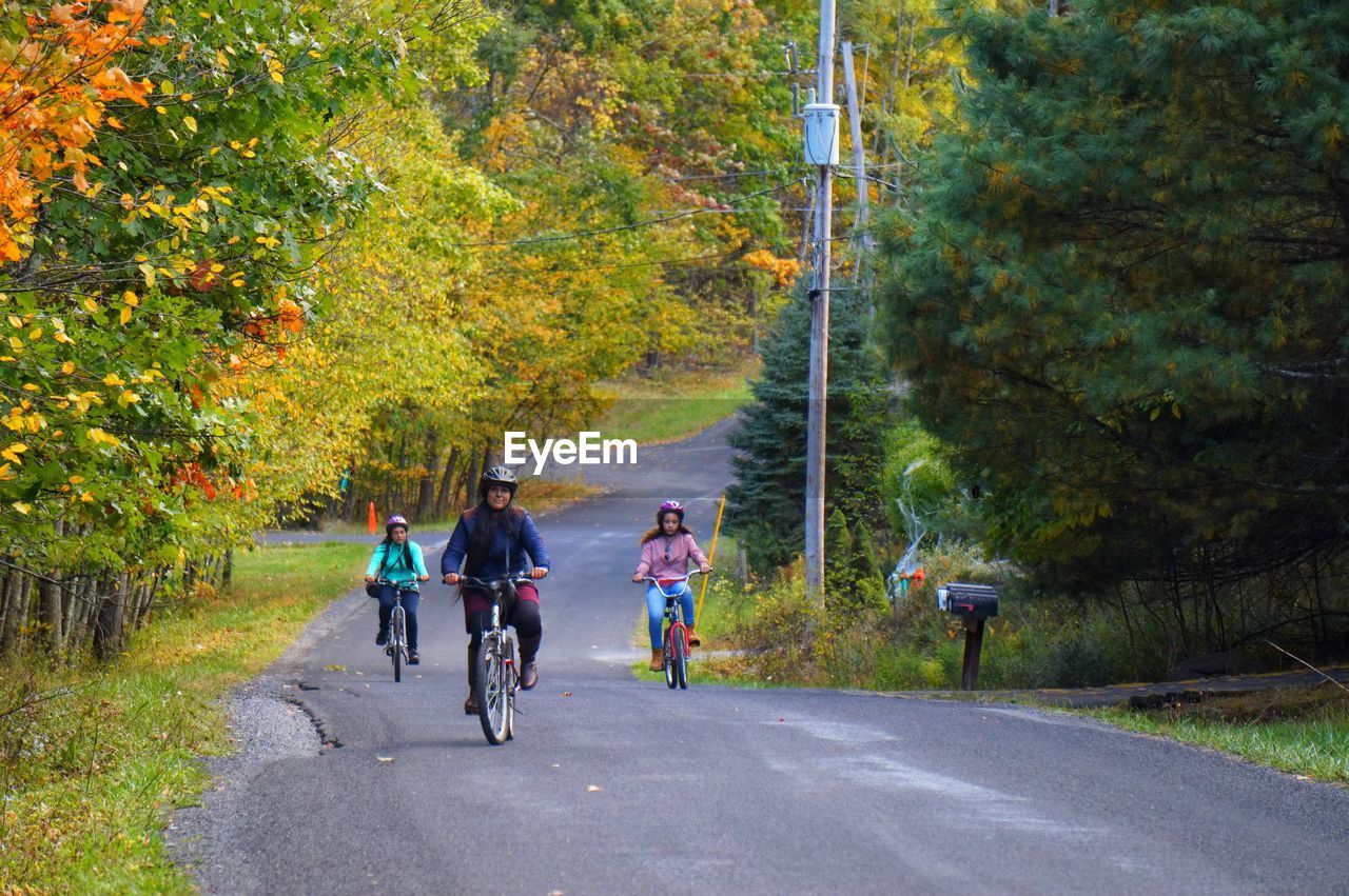 PEOPLE RIDING BICYCLE ON ROAD AMIDST TREES IN FOREST