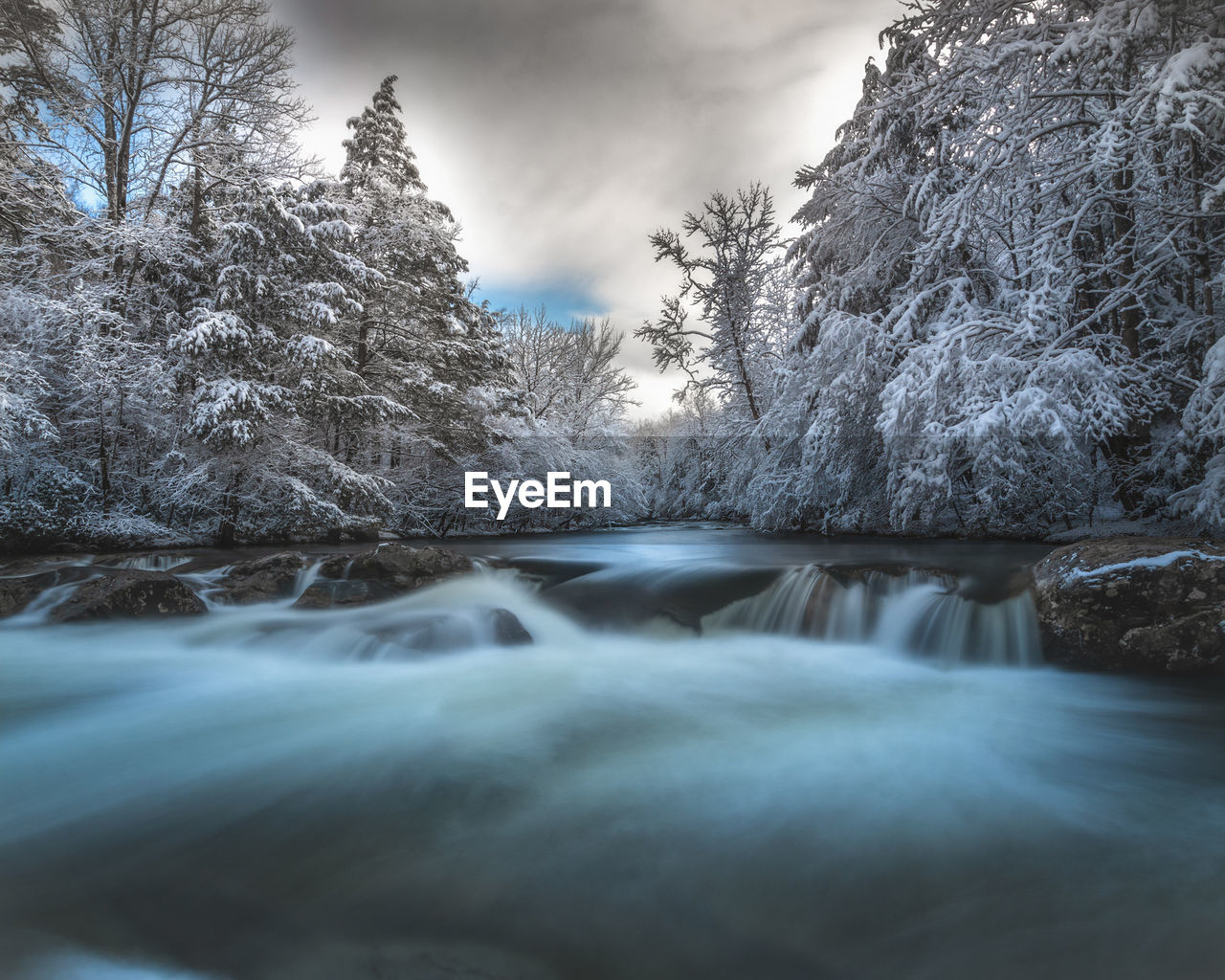 Scenic view of river cascade in a snowy forest against sky
