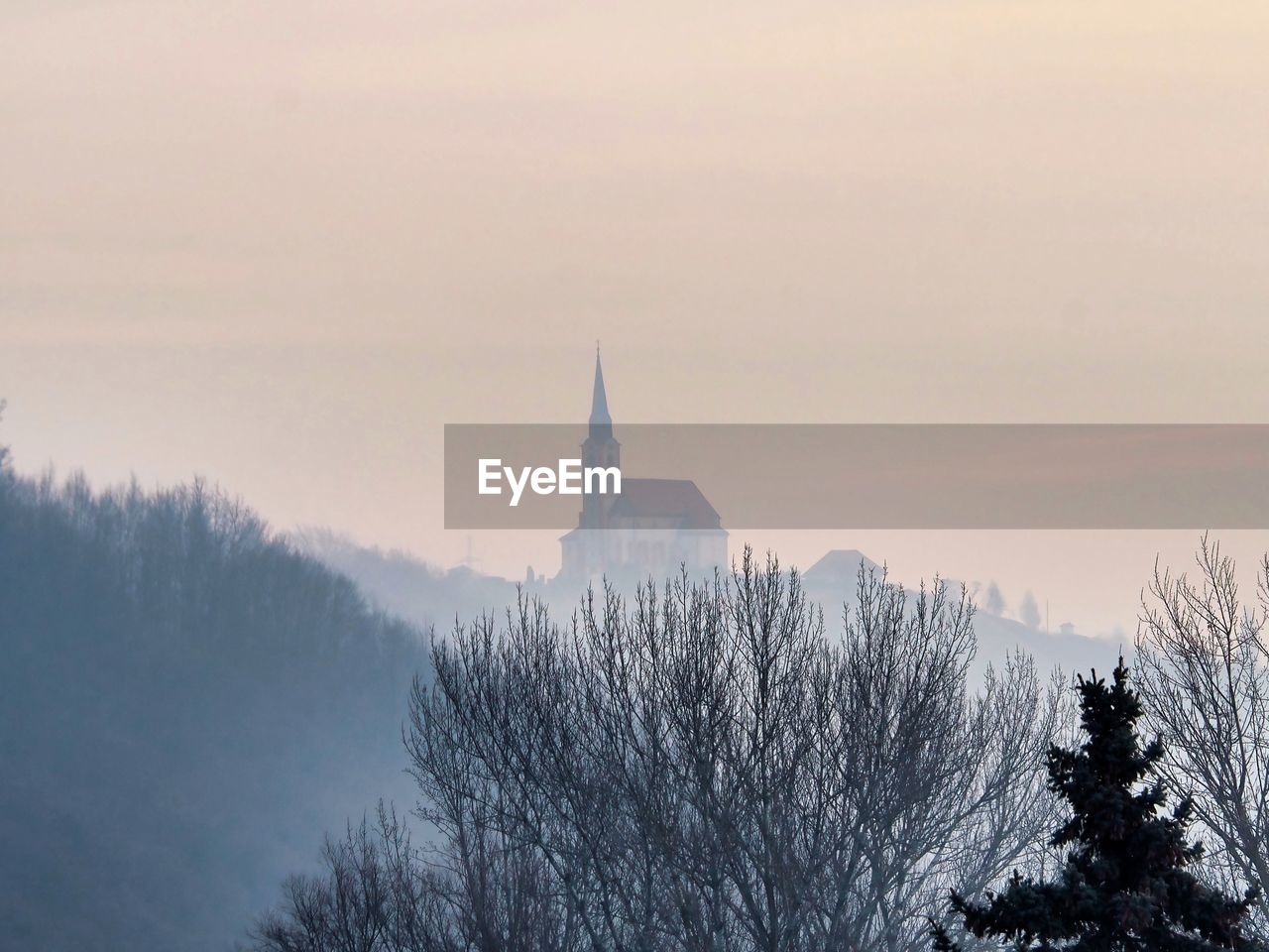 Distant view of a church on a hill behind trees