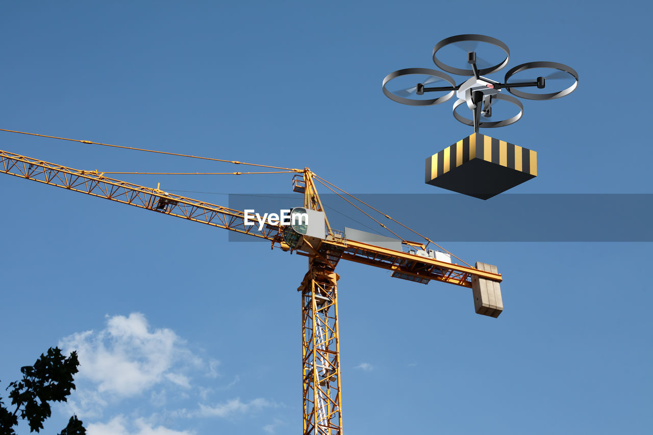 Drone helping construction crane in lifting equipment