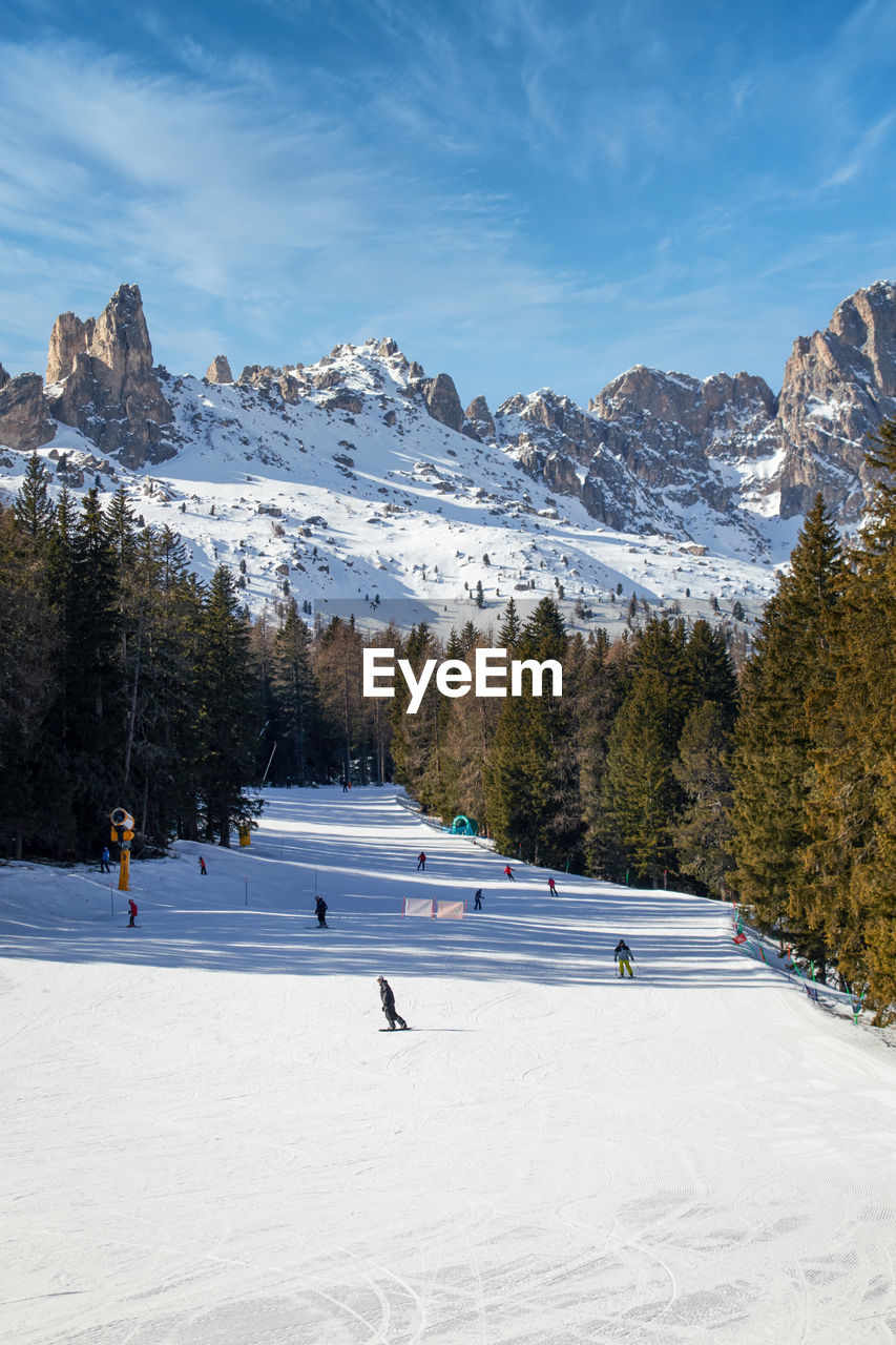 Ski slope called cigolade in vigo di fassa, italian dolomites in south tyrol with flat slopes