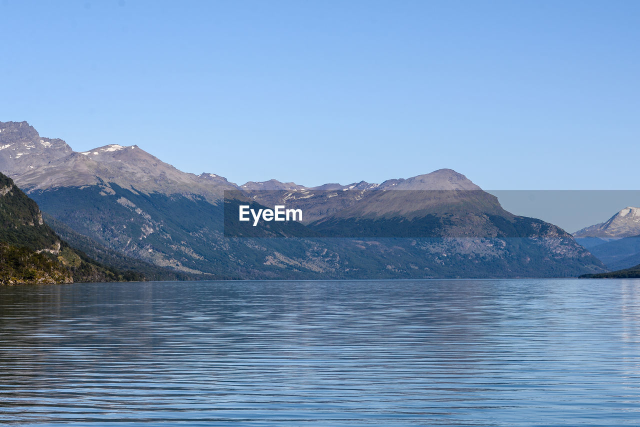 SCENIC VIEW OF LAKE BY MOUNTAINS AGAINST CLEAR SKY