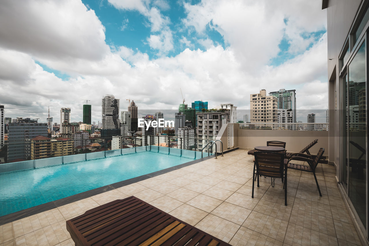 VIEW OF SWIMMING POOL AGAINST BUILDINGS