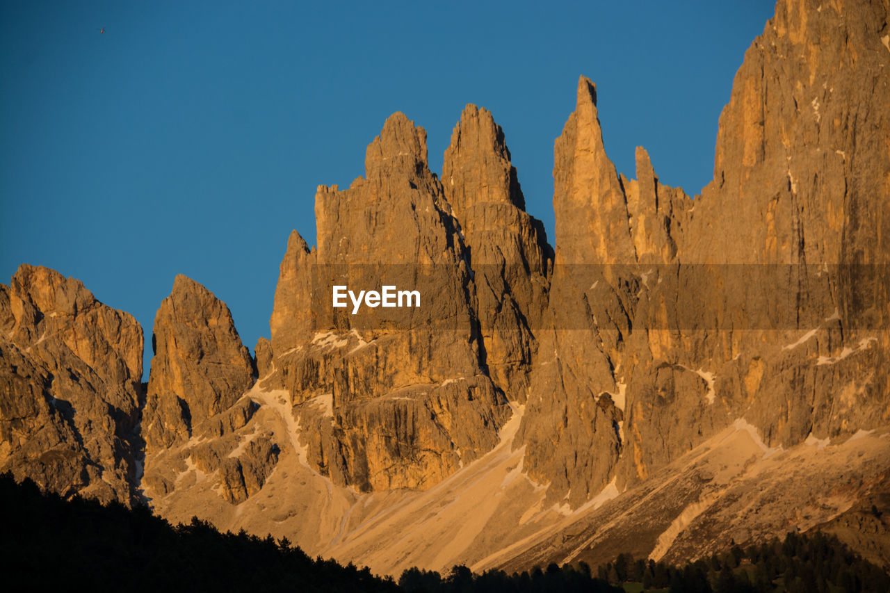 Panoramic view of rocky mountains against clear blue sky