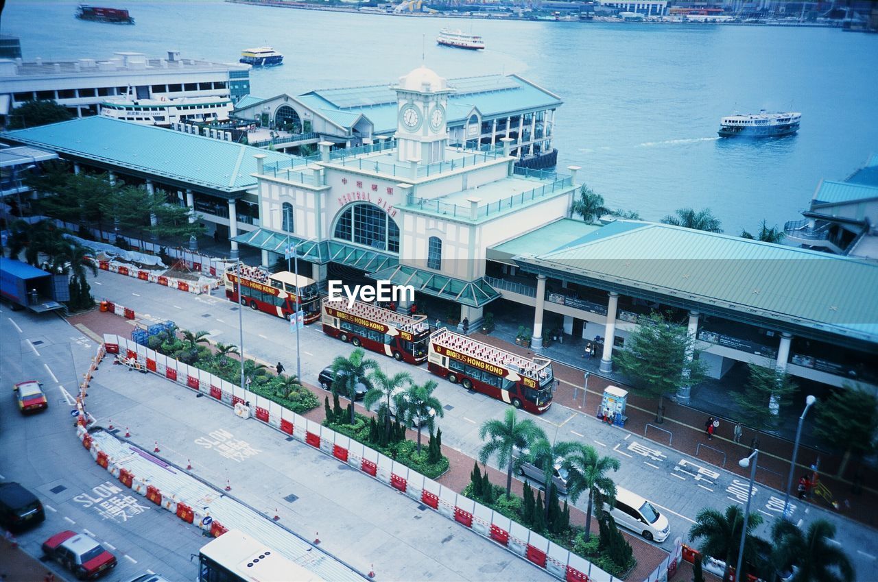 High angle view of building by harbor at tsim sha tsui