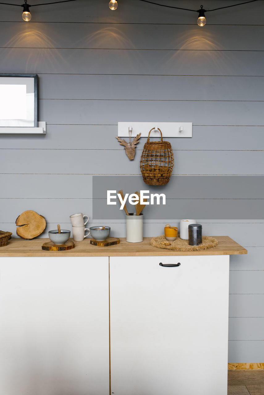 Modern stylish scandinavian kitchen interior with kitchen accessories.