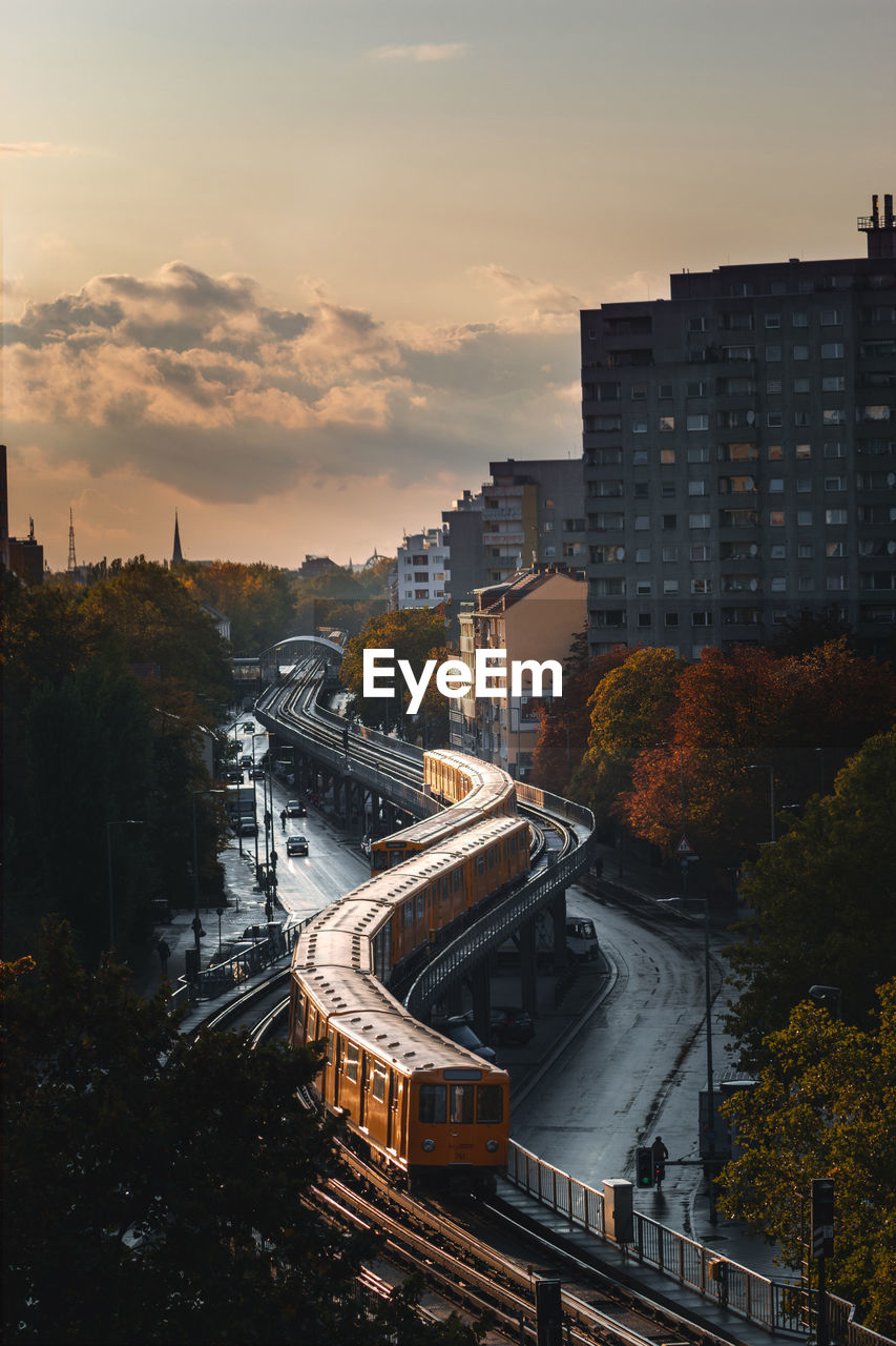 High angle view of cityscape against sky during sunset