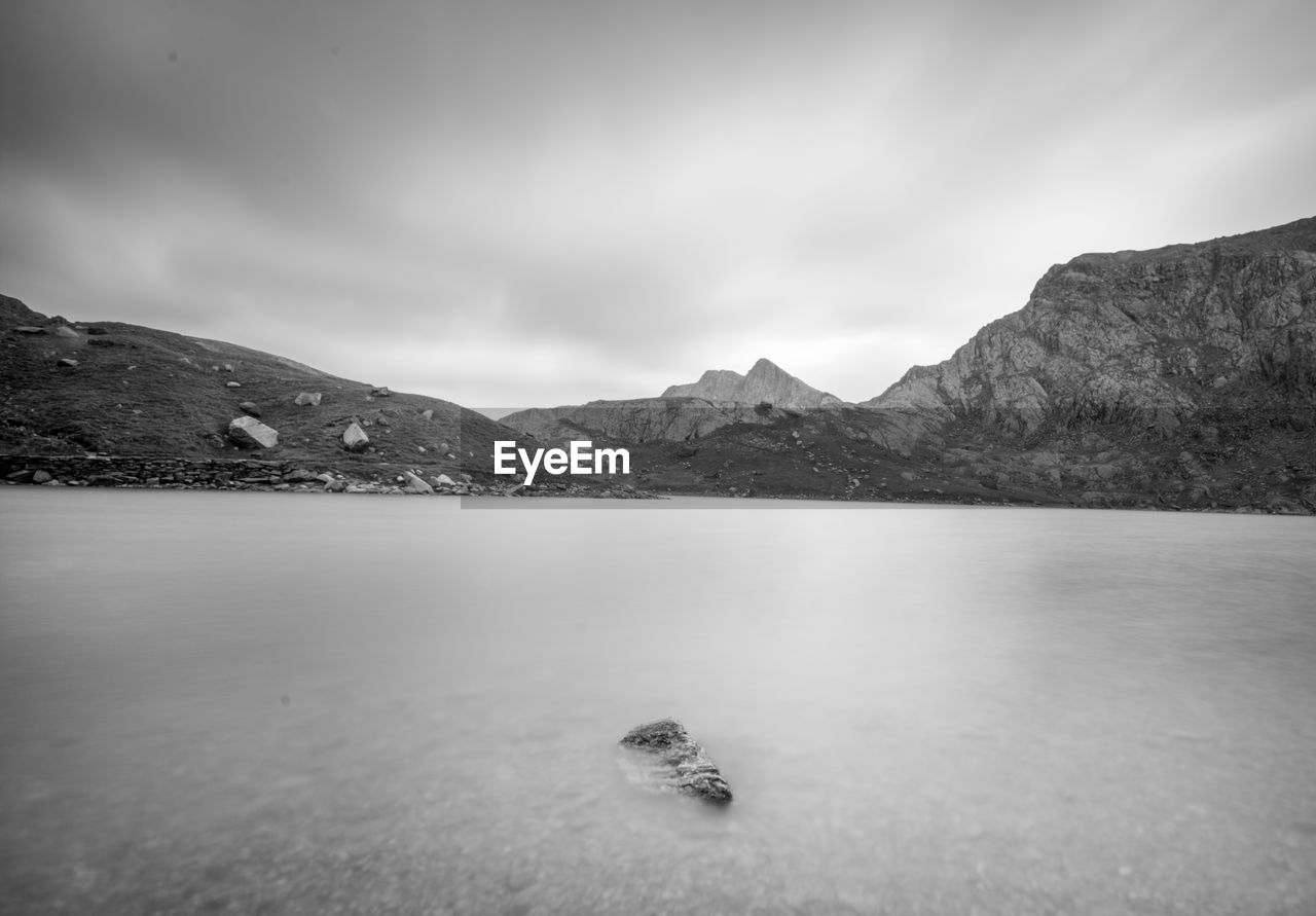 Scenic view of lake by mountains against sky