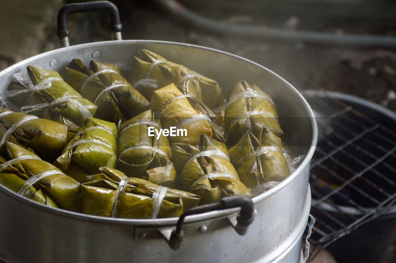 High angle view of food steaming in container