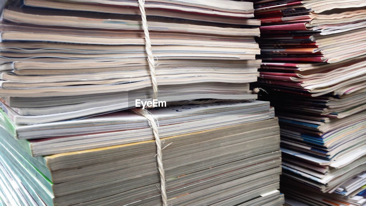 Close-up of stack of magazines