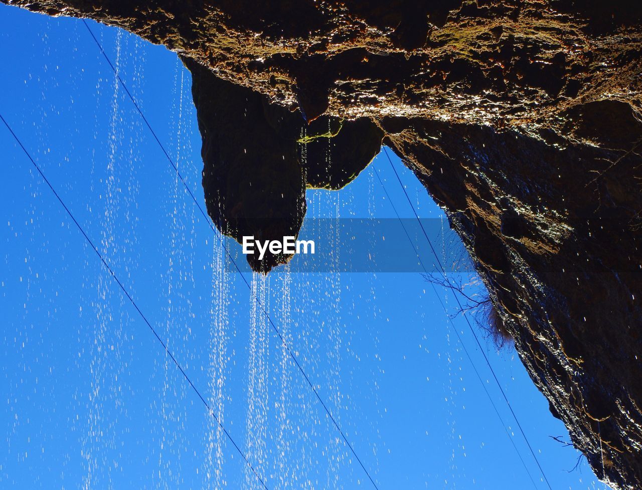 LOW ANGLE VIEW OF WET SPIDER WEB AGAINST SKY