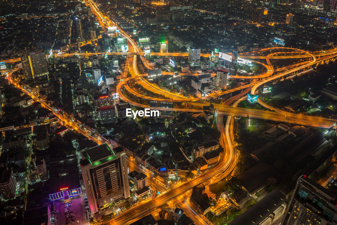 High angle view of illuminated city at night