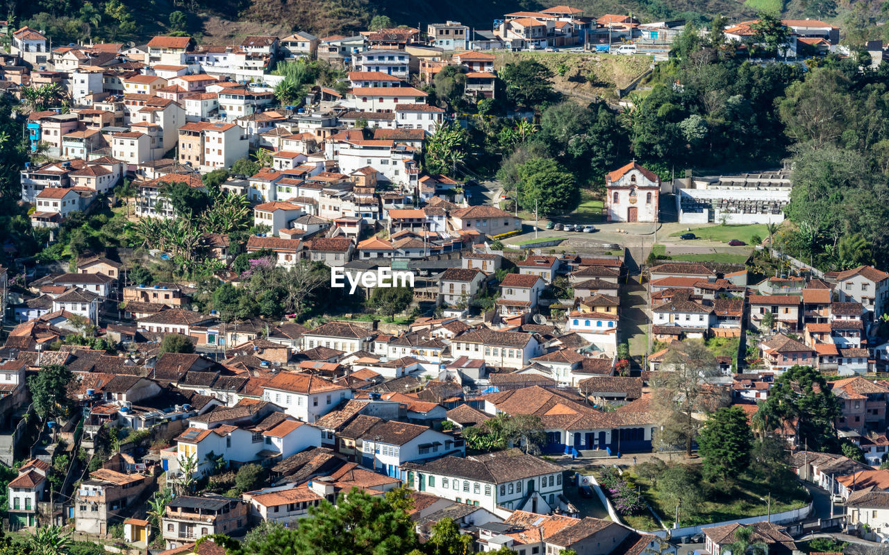 High angle view of houses in town