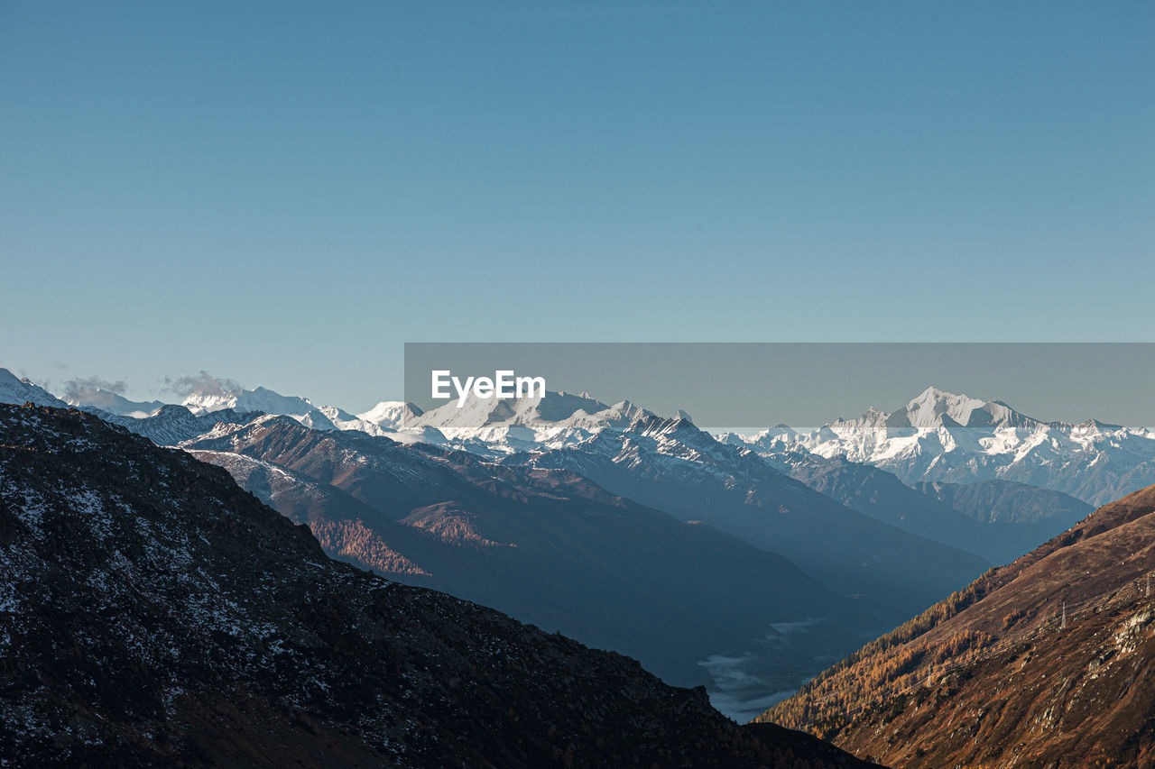 Scenic view of snowcapped mountains against clear blue sky