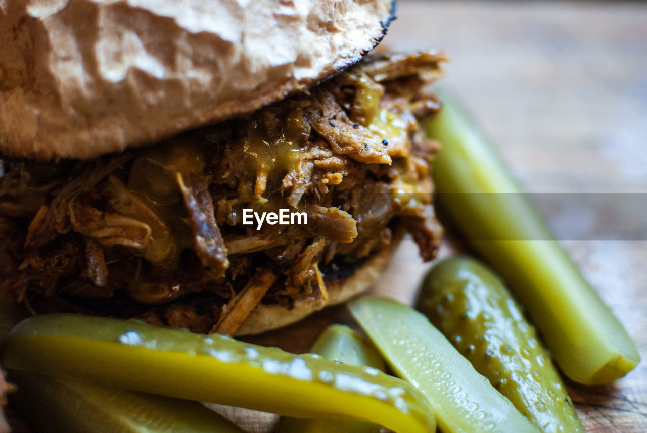 Close-up of pulled pork burger