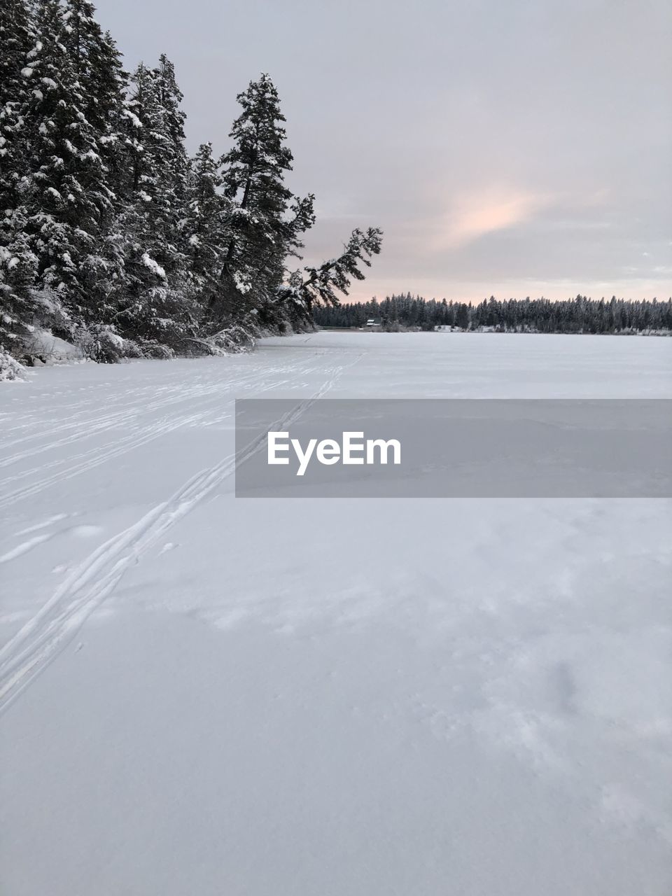 Scenic view of snow covered land against sky