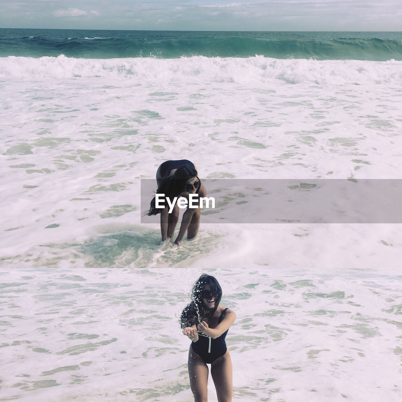 Multiple image of woman playing in sea