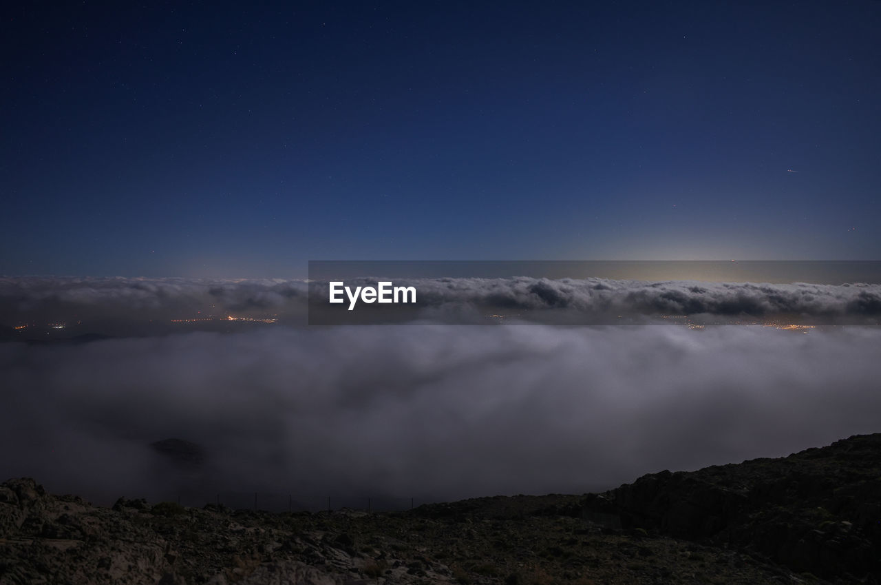 scenic view of sea against clear blue sky at night