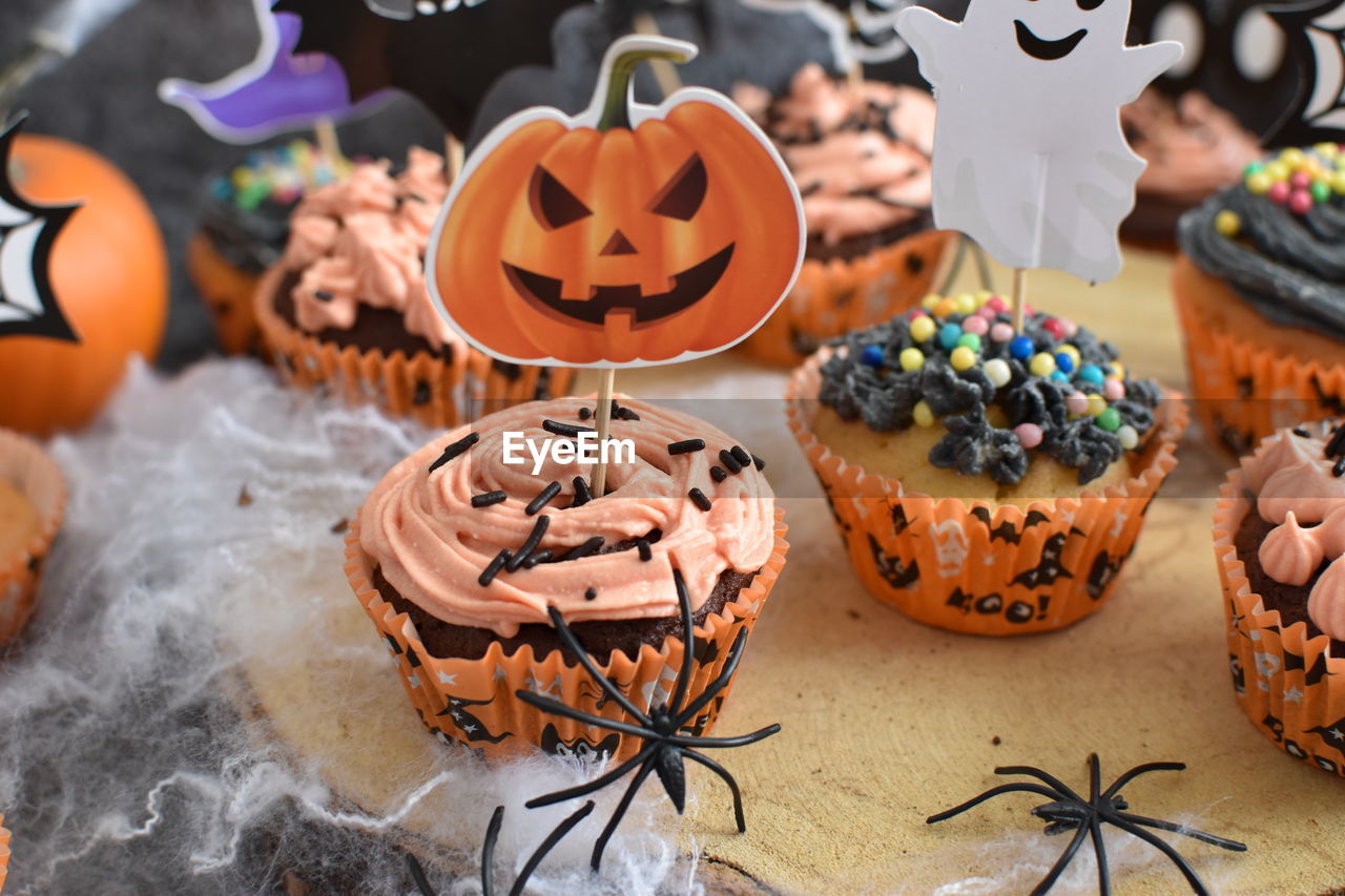 Close-up of halloween themed cupcakes