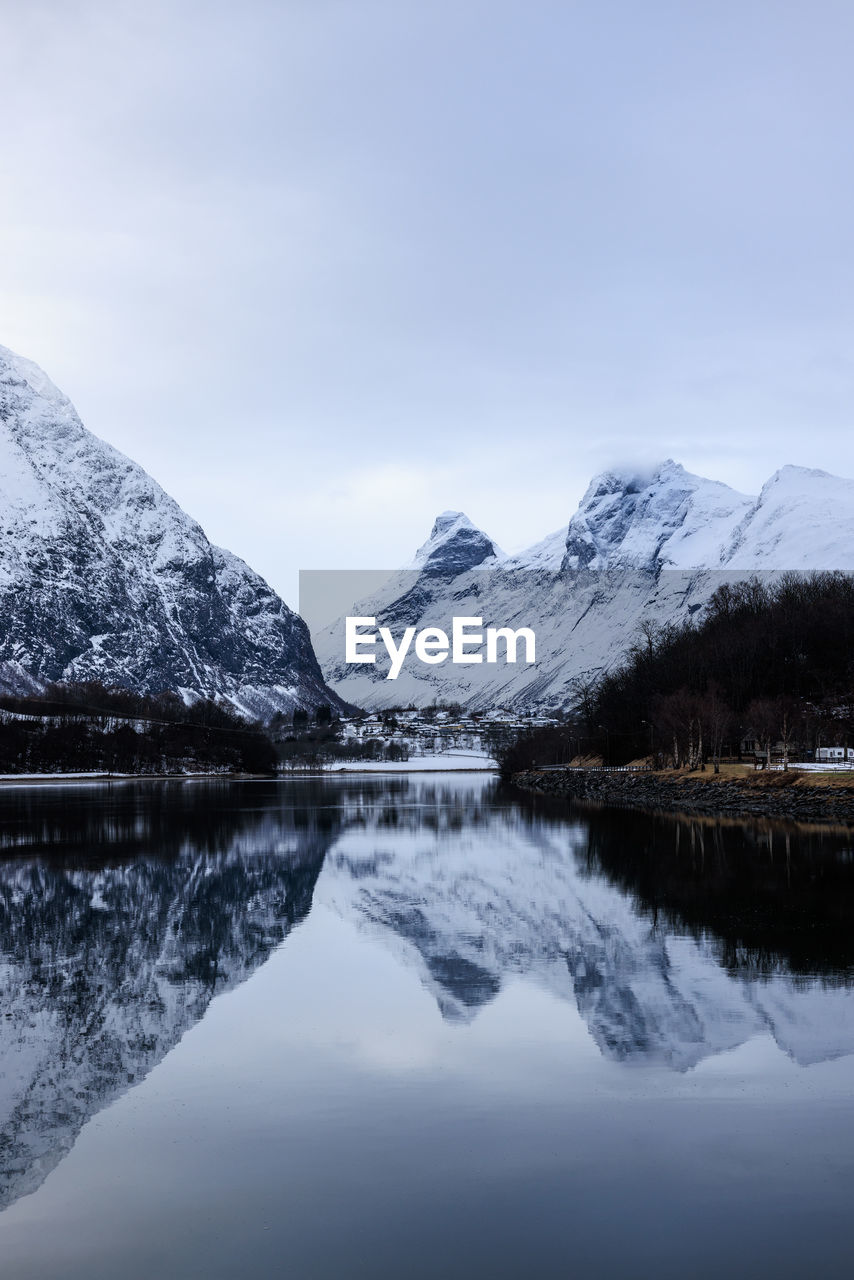 Scenic view of lake and snowcapped mountains against sky