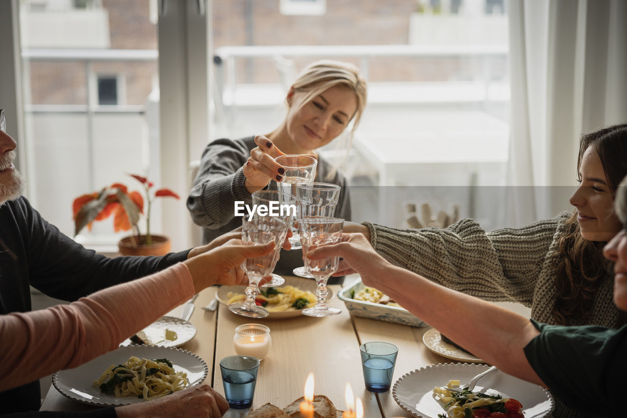 Family raising toast at dinner