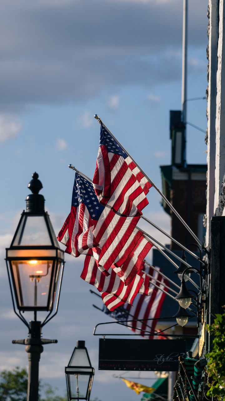 Low angle view of flag flags against sky