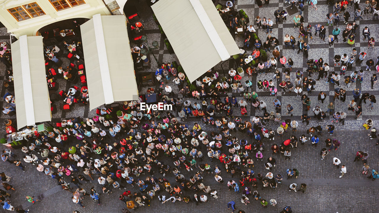 High angle view of people at street