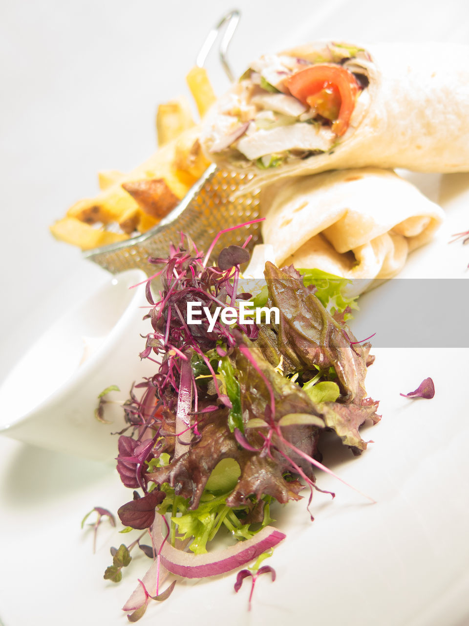 Close-up of salad served in plate against white background