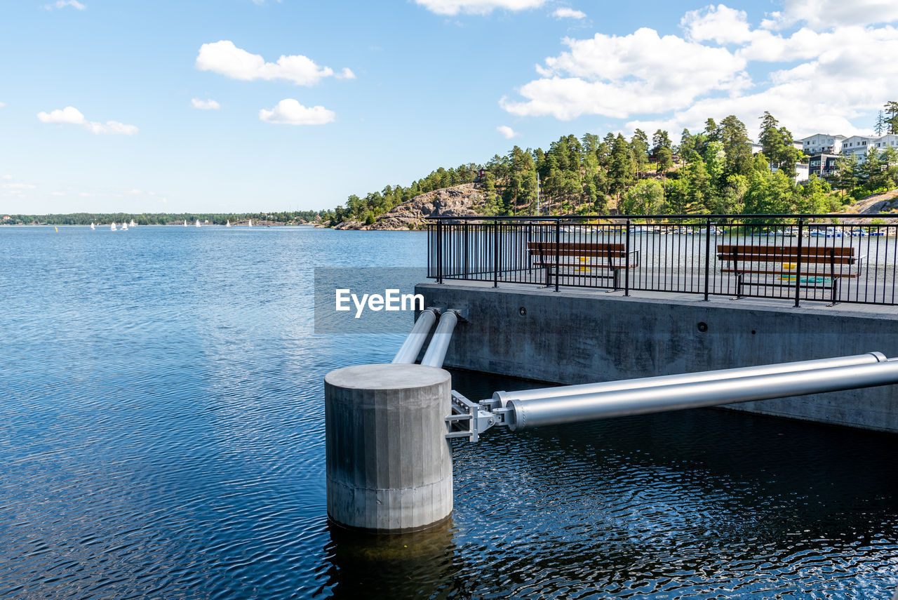 Passenger ship stop with benches in sweden.