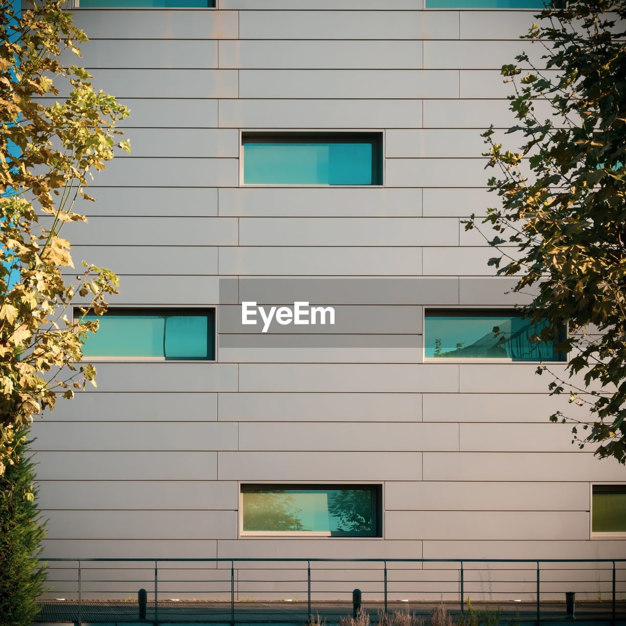 Low angle view of building, simmetric array of 4 rectangular windows, industrial