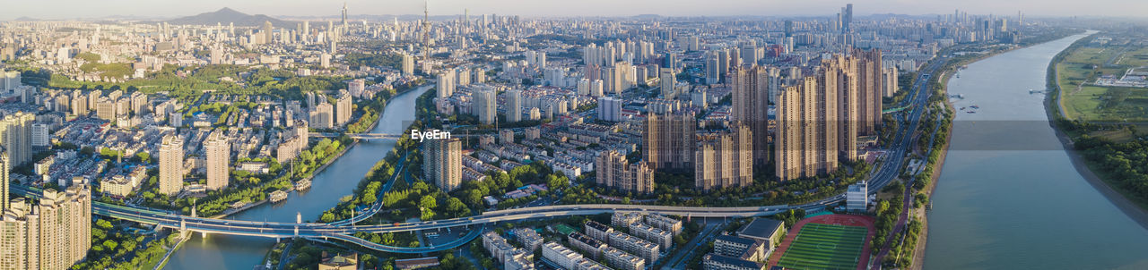 High angle view of buildings in city