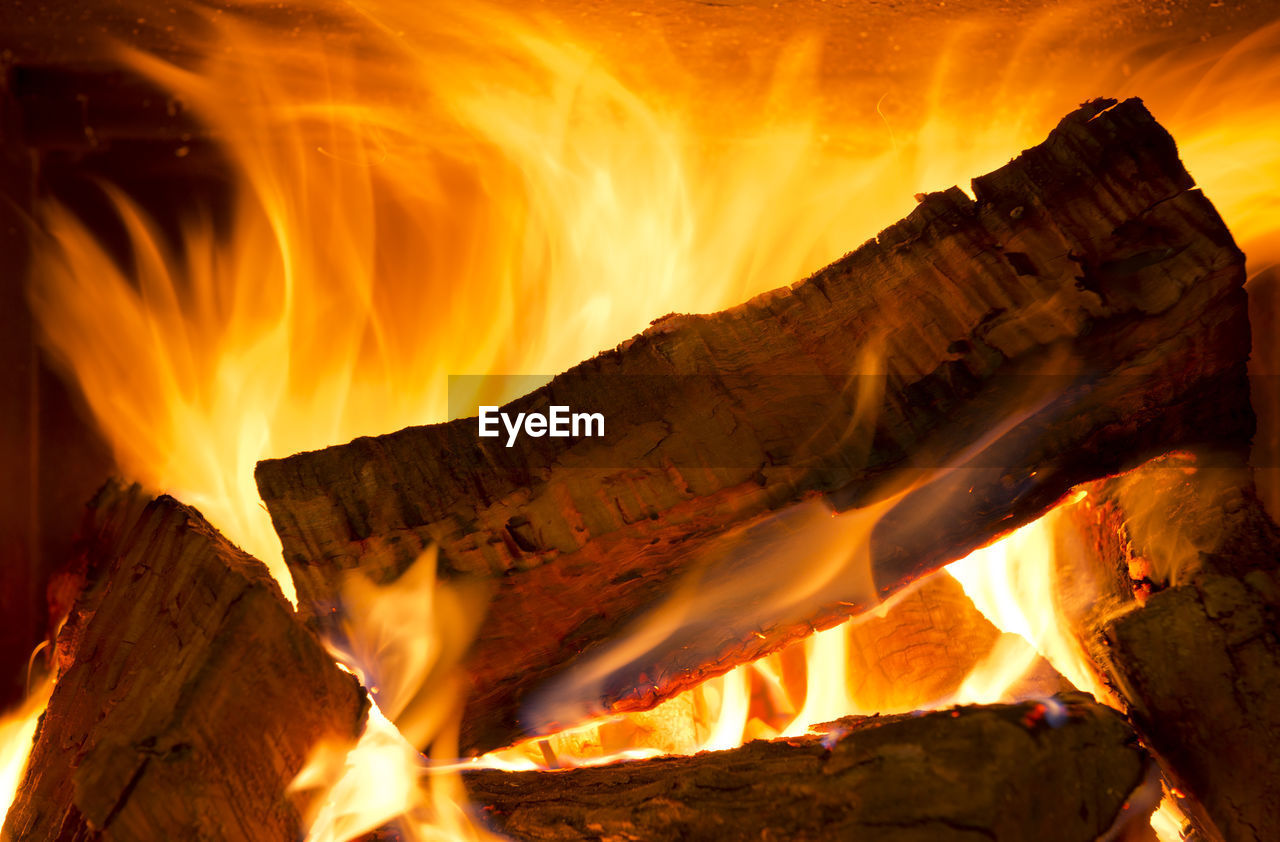 Logs of wood burning bright in a wood fire