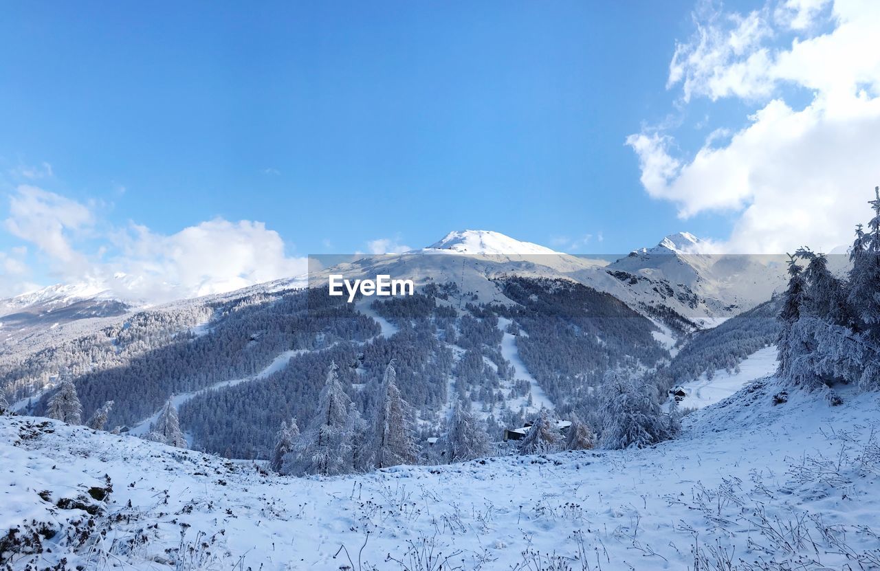 Scenic view of snow covered mountains against sky