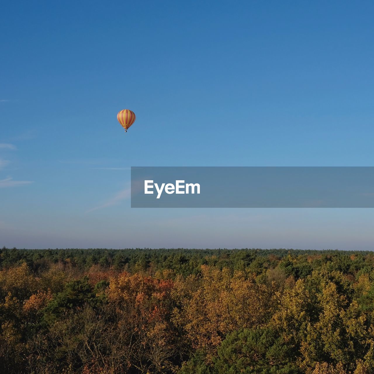 Hot air balloon flying over field against clear blue sky