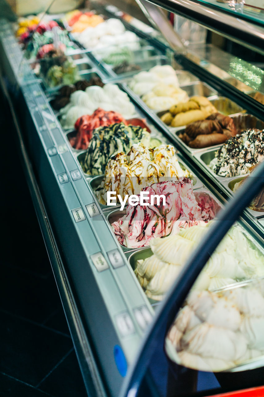 High angle view of ice creams on display at store