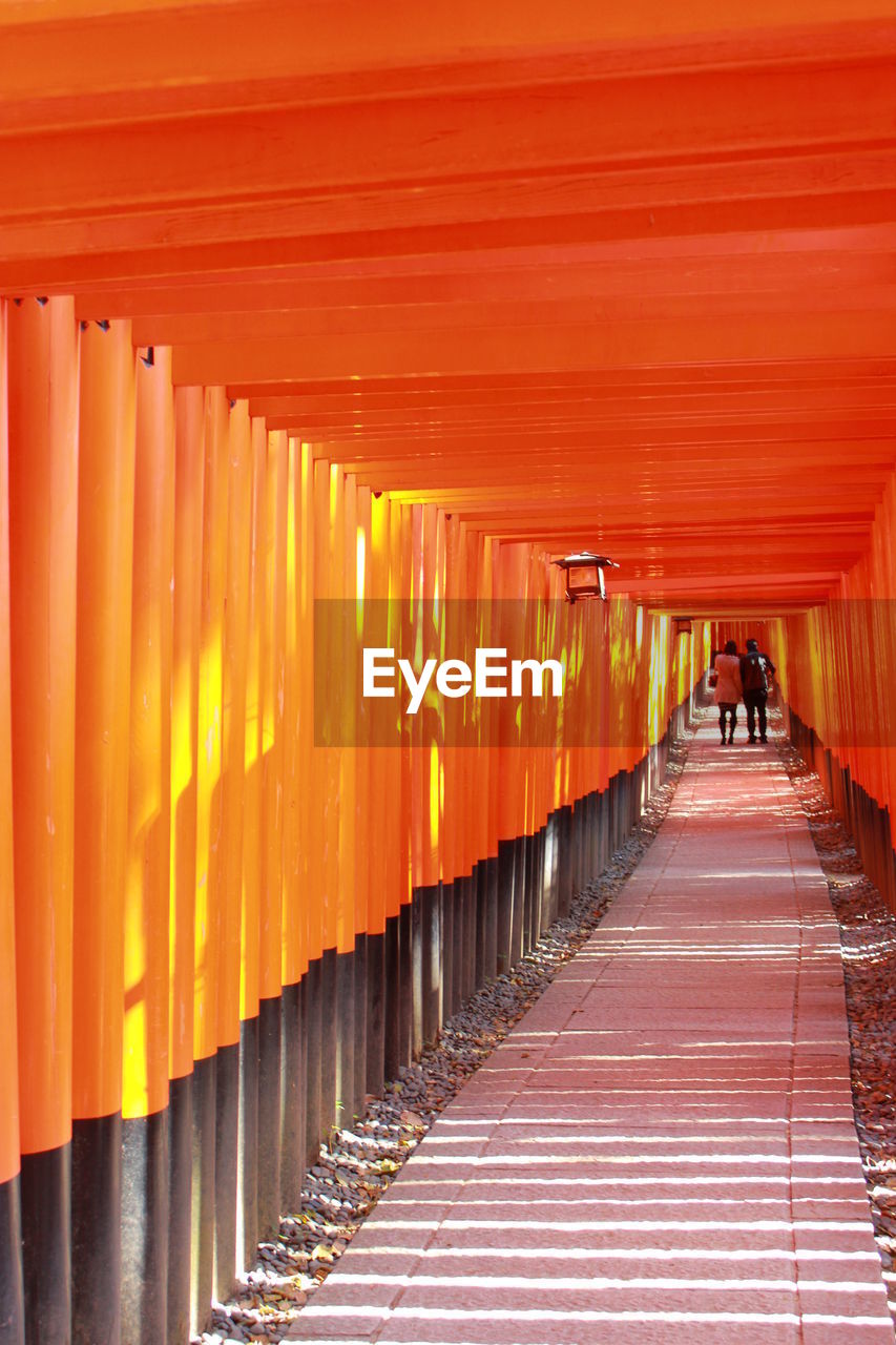 People walking in torii gates on sunny day