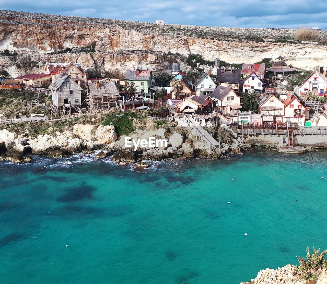 High angle view of buildings in sea